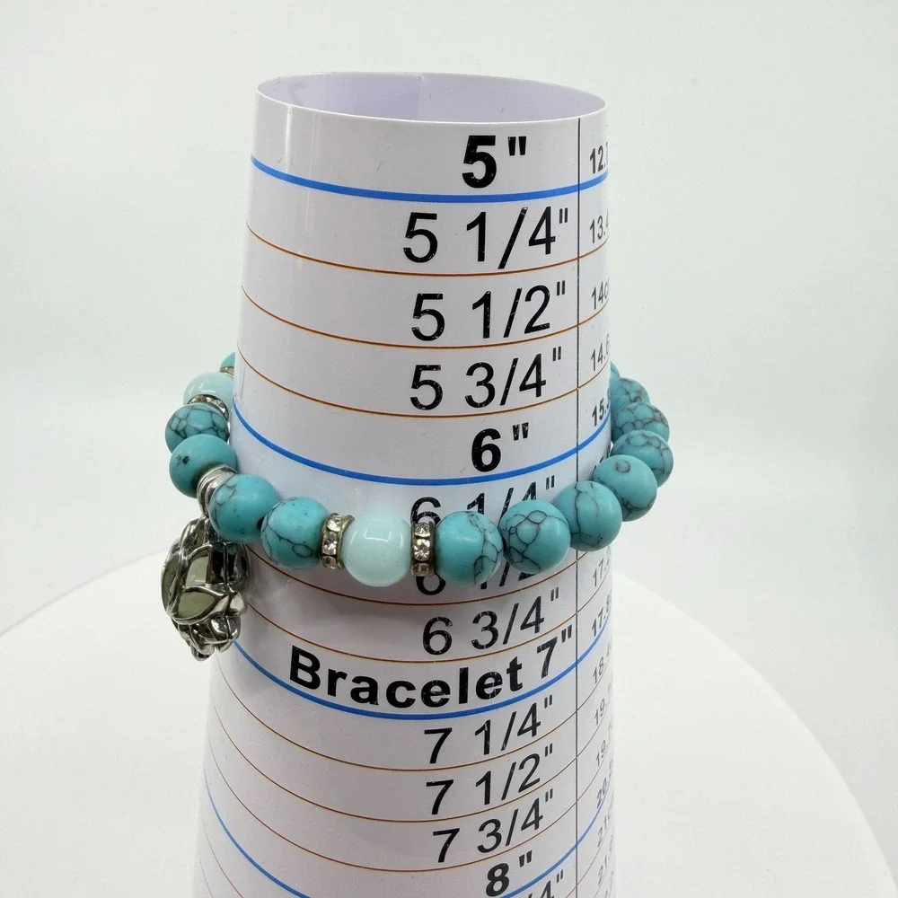 VTG Turquoise Howlite Lotus Charm Stretch Bracelet - Silver Tone Spiritual